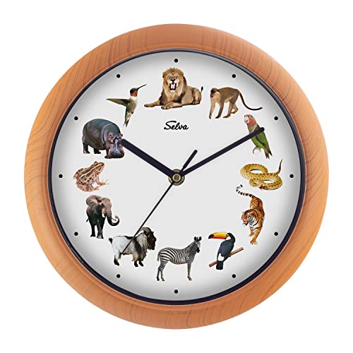 SELVA Tieruhr, Wanduhr, mit Tierlauten zu jeder Stunde und farbenfrohe Illustrationen, Gehäuse aus Kunststoff, Holzoptik, Farbe:Zoo von SELVA