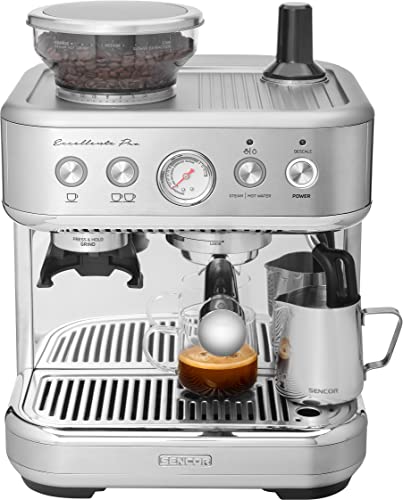 SENCOR Espresso-Maschine - Kaffeemühle - Espresso-Kaffeemaschine mit Barista Express Mühle, gebürstetem Edelstahl, großem Wasser- und Kaffeebehälter, Cappuccino-Dampfdüse SES 6010SS. von SENCOR