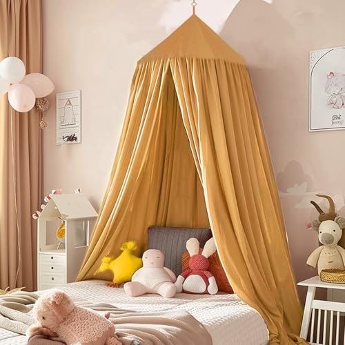 SESAMIS Baldachin Kinderzimmer, Betthimmel Babybett Kinderzimmer 4 Farben, Hängende Rund Princess Insektennetz Moskitonetz, Für Kinderzimmer und Spielzimmer Dekoration，56 * 230 * 450cm (Gold) von SESAMIS