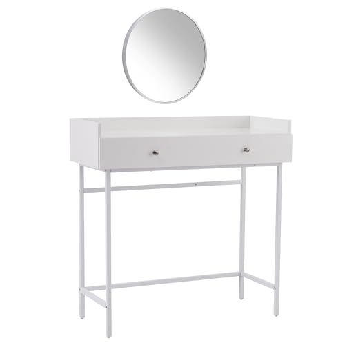 SHOSYEL Weiß Schminktisch mit Spiegel, schminktische mit großer Schublade, minimalistische Kommode mit 4-Metallbeinen, 95 x 40 x 93 cm von SHOSYEL