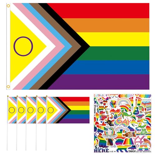 SHOWHEEL Progress Pride Flag, Regenbogen Flagge, Lgbtq Flagge, Lesbian Flag, Regenbogenfahne + 50 Stück Pride Sticker, Gay Pride Flagge, Weatherproof Flag mit 2 Messingösen von SHOWHEEL