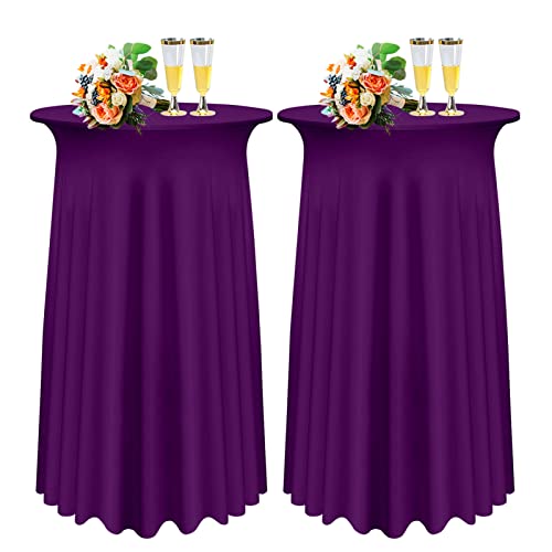 SHUOJIA 1/2/4 Packs Round Cocktail Table Skirt, Spandex Stretch Round Tablecloth Covers with Wavy Drapes, Fitted High Top Cocktail Table Skirt Table Dress for Party Wedding (2Pcs-80cm,Deep Purple) von SHUOJIA