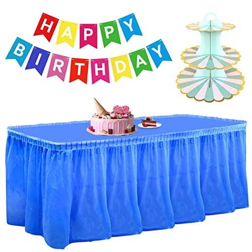 SHUOJIA Party-Tischdecke 54"X108", 2/4 Pack Rechteckige Einweg-Kunststoff-Tischdecke/Tischröcke – Karton-Cupcake-Ständer, Happy Birthday-Banner, Für Geburtstagsfeier, Familienessen (2 Pack,Blue) von SHUOJIA