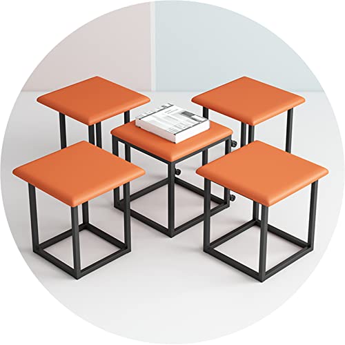 SIBEG 5 in 1 Magic Cube Hocker, Wohnzimmer Teetisch Sofa Hocker stapelbare Kombination, Würfelhocker mit orangefarbenem PU-Ledersitz und Lenkrollen (Größe: 45 x 45 x 45 cm) von SIBEG