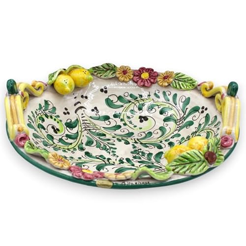 SICILIA BEDDA CAPACI Caltagirone-Keramik-Obstschale, Ø ca. 37 cm. Grüne Dekoration und Applikationen aus Blumen und Zitronen aus dem 17. Jahrhundert von SICILIA BEDDA CAPACI