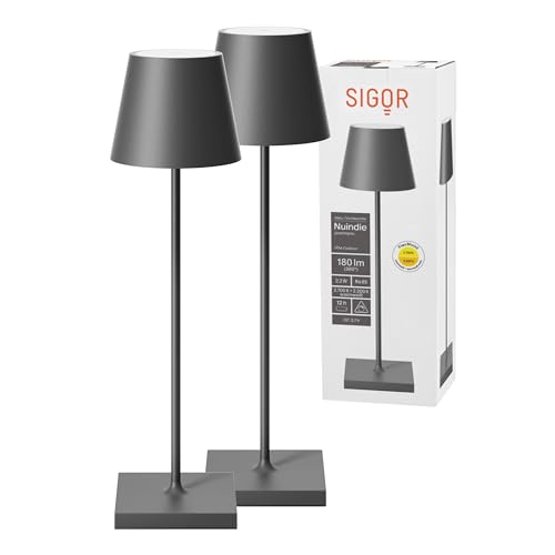 SIGOR 2 Stück Nuindie - Dimmbare LED Akku-Tischlampe Indoor & Outdoor, IP54 spritzwassergeschützt, Höhe 38 cm, aufladbar mit easy-connect, 12 h Leuchtdauer, graphitgrau von SIGOR