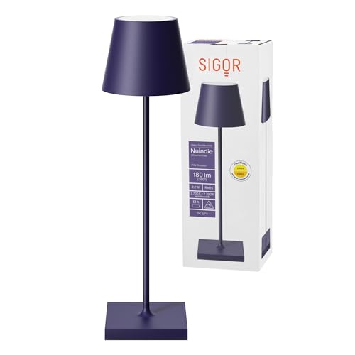 SIGOR Nuindie - Dimmbare LED Akku-Tischlampe Indoor & Outdoor, IP54 spritzwassergeschützt, Höhe 38 cm, aufladbar mit Easy Connect, 12 h Leuchtdauer, pflaumenblau von SIGOR