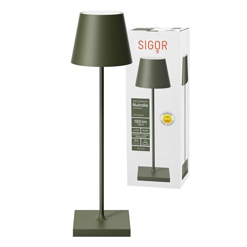 SIGOR Nuindie - Dimmbare LED Akku-Tischlampe Indoor & Outdoor, IP54 spritzwassergeschützt, Höhe 38 cm, aufladbar mit Easy-Connect, 12 h Leuchtdauer, Tannengrün von SIGOR