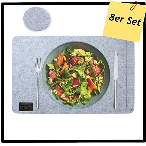 4-Teiliges Set aus Filz Tischuntersetzer Platzset Tischläufer, Platzdeckchen abwaschbar Filzmatte (Rechteck, Grau) von SILUK