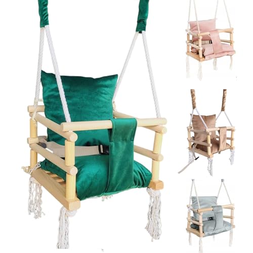 Holz Babyschaukel Kinderschaukel Stoff Kissen Babysitz Baby Schaukel zum Aufhängen 3 in 1 (Grün) von SILUK