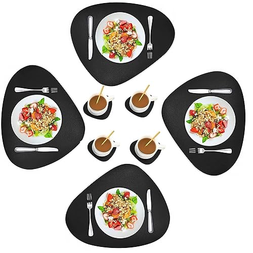 Lederähnliche Art-Déco Tischsets für den Tisch für Teller Tischuntersetzer Monstera Monsteramuster Platzdeckchen PVC Hitzebeständig (4 x Schwarz Oval) von SILUK