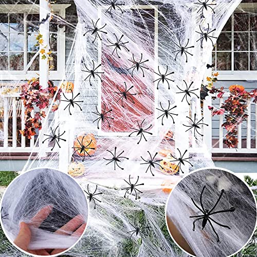 Halloween Deko Spinnennetz, 100g elastisches Spinnennetz und 50 schwarze Gruselspinnen, Halloween Spinnen Deko für Halloween Partys und Festivals, geeignet für Tisch, Fenster, Haus und Garten. von SIMEIXI