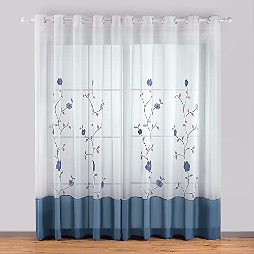SIMPVALE Voile Curtains Panel Semi Transparent Sheer Window Net Curtains Floral Embroidered Drape with Eyelet for Living Room Bedroom Kitchen Balcony, 2 Panels, 55"(Width) x 102"(Drop), Blue von SIMPVALE