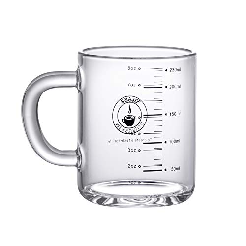 SIQITECH Wasserbecher 300ml mit Griff für Kinder Erwachsene Wasserglas Mikrowellengeeignet Kaffeeglas Verschiedene Maßeinheiten Milchbecher Hitzebeständig Versiegelbar Glasbecher Transparent von SIQITECH