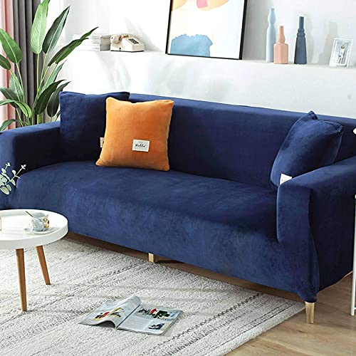 Samt-Sofabezug für 2-, 3-, 4-Sitzer, weicher Plüsch-Sofaschutz, Stretchbezug für Sofa und Armlehnen, wasserabweisend, Möbelschutz, Marineblau, 4-Sitzer, 235-280 cm von SJH