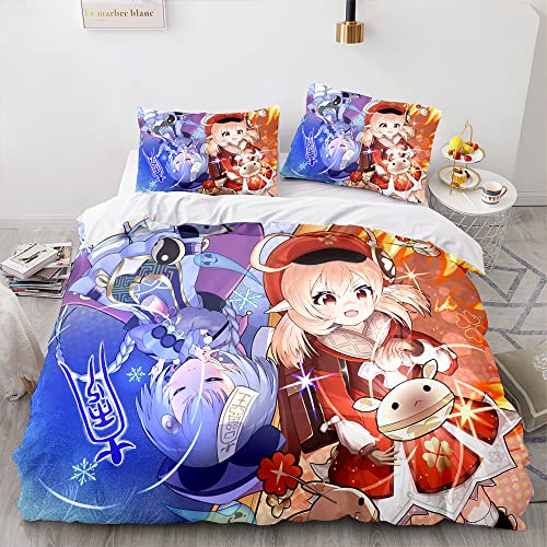 SK-YBB Anime Game Bettwäsche-Set Genshin Impact Game Bettwäsche für Kinder Teenager Genshin Bettbezug mit 2 Kissenbezug und Reißverschluss (B4,King 220x240 cm +80x80cm) von SK-YBB