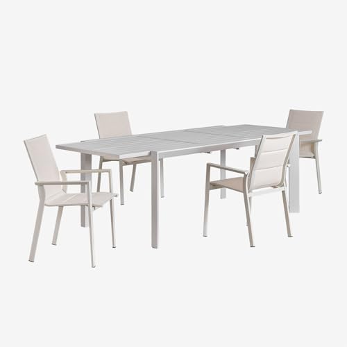 SKLUM Starmi ausziehbarer rechteckiger Aluminiumtisch (180–240 x 100 cm) und 4 stapelbare Karena-Gartenstühle aus Aluminium Gardenia Weiß von SKLUM
