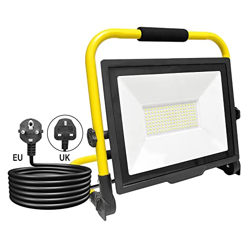 SKYWORLD Tragbar LED Baustrahler 100W 10000LM LED Arbeitsleuchter mit Stecker und 3m Netzkabel, IP66 Wasserdichtes Arbeitsscheinwerfer Bauscheinwerfer für Werkstatt oder Baustelle Garage, 6000K Weiß von SKYWORLD