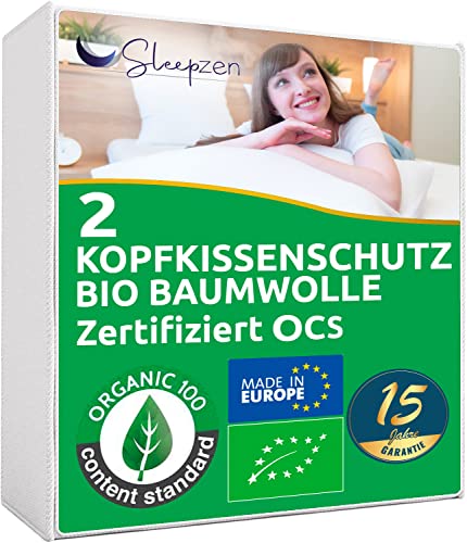 Kopfkissenschutz 30x50cm Biologischer Baumwolle Molton Zertifiziert OCS®, Nicht wasserdicht, 2er-Set kopfkissenschoner, Atmungsaktive und Saugfähige, Kopfkissenüberzug, kopfkissenschutz von SLEEPZEN