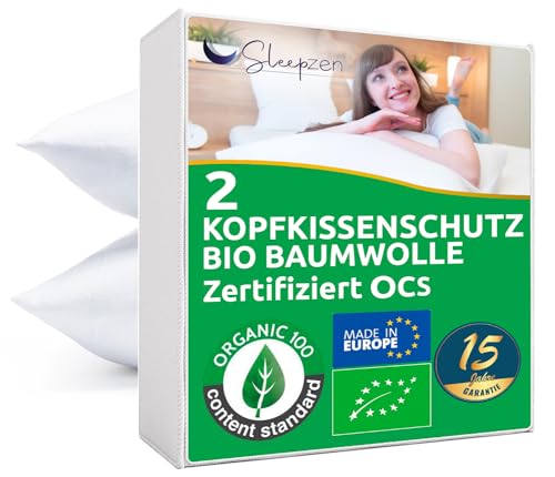 Kopfkissenschutz 65x65cm Biologischer Baumwolle Zertifiziert OCS®, Nicht wasserdicht, 2er-Set, Made in Europe, Atmungsaktive und Saugfähige Mollton Baumwolle, Kopfkissenüberzug von SLEEPZEN