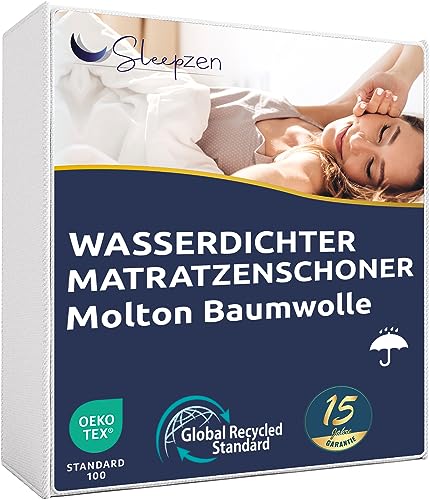 Molton Matratzenauflage 135 x 190 cm - Wasserdichter Matratzenschoner - Matrazenschutzbezug - Zertifiziertes Oeko-TEX® - Baumwolloberfläche, Antibakteriell, Schimmelhemmend, Antiallergisch von SLEEPZEN