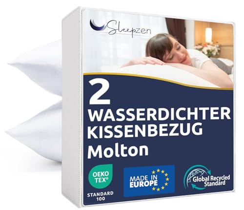 Wasserdichter Kissenbezug 65 x 65 cm, Kissenschoner mit Reiﬂverschluss, Made in EU Oeko-Tex® Zertifiziert Recycelte Baumwolle Molton GRS® Weiches, 2er Pack Zip, Anti-Milben & Bettwanzen von SLEEPZEN