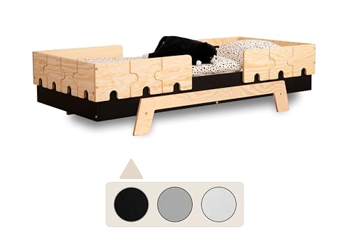 SMARTWOOD Kinderbett mit Lattenrost und Rausfallschutz Puzzle BR2 Montessori einzelbett für Jungen und Mädchen - Bett aus Kiefer Sperrholz mit Rausfallschutz und Lattenrost - Schwarz - 70x140 cm von SMARTWOOD