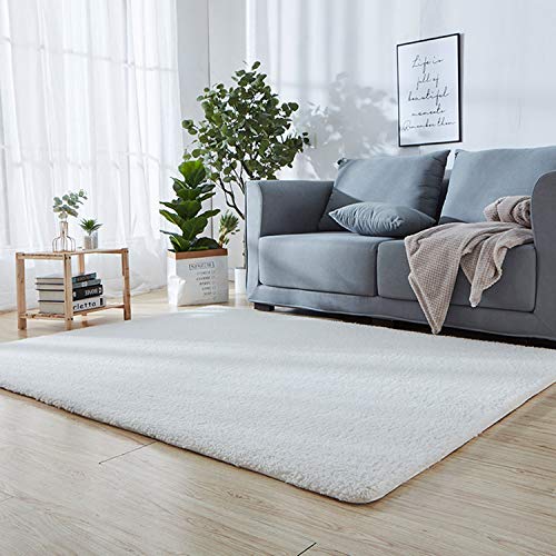 Wohnzimmer Teppich Shaggy Weiß 100 x 170 cm Teppiche Hochflor Shaggy Schadstoff geprüft 8 Stück Anti Rutsch Teppichunterlage für Schlafzimmer, Esszimmer, Flur von SODKK