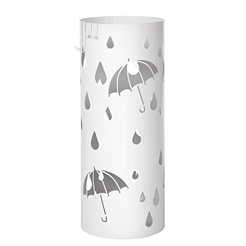 SONGMICS Regenschirmständer aus Metall, runder Schirmständer, Wasserauffangschale herausnehmbar, mit Haken, 49 x Ø 19,5 cm, weiß LUC23W von SONGMICS