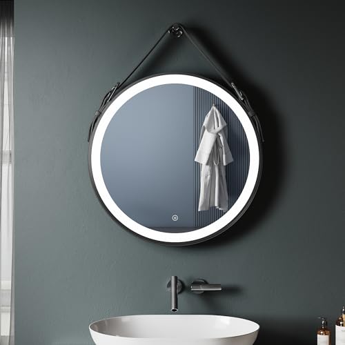 SONNI Badspiegel mit Beleuchtung rund 60cm beschlagfrei Badezimmerspiegel rund mit LED Beleuchtung und Verstellbarer Ledergürtel Wandspiegel Lichtspiegel mit Touch Schalter von SONNI