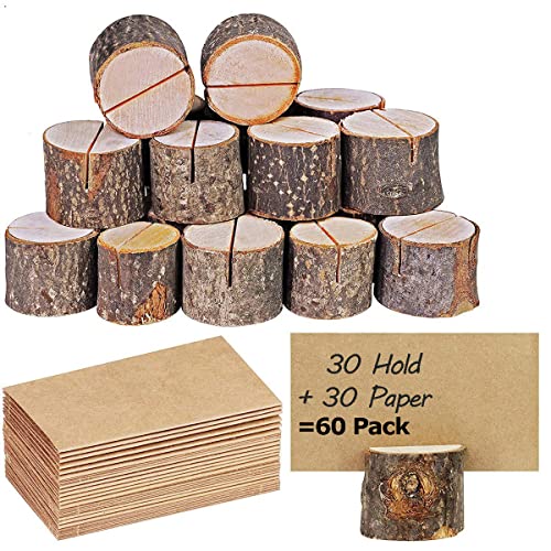 SOONHUA 60 Stück Tischkartenhalter aus Holz für Tischkarten, Namensschilder, Bilder, Notizen, Fotoklammern, Halter mit 30 Tischkarten für Party, Hochzeit (30 Halter + 30 Kraftpapier) von SOONHUA