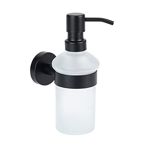 SOSmart24 JUST Black Seifenspender ohne Bohren aus Edelstahl mit Pumpflasche aus Glas - Schwarz Matt - inklusive Klebeset - Wandseifenspender durchsichtig Bad Badezimmer WC Wandbefestigung von SOSmart24