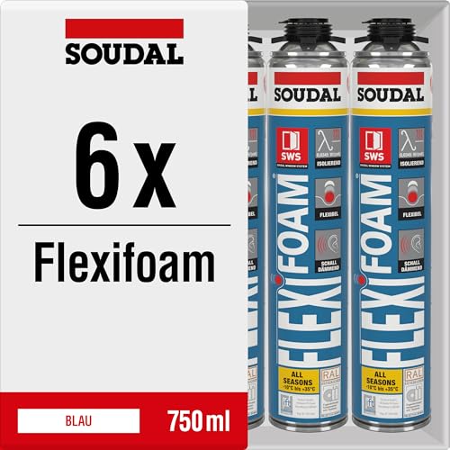 6 x Soudal Flexifoam Gun, 750ml, Pistolenaufsatz - Hochwertiger, sehr elastischer PU-Schaum für Sanierung und Neubau - Spar-Set (6) von Soudal