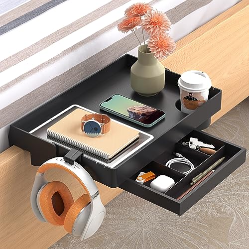 SPACEKEEPER Folding Bedside Shelf mit Schublade Clip On Nightstand Hanging Tray Organizer mit Deep Cup Holder für Bett & Etagenbett College Dorm Essentials, Schwarz, Kunststoff von SPACEKEEPER