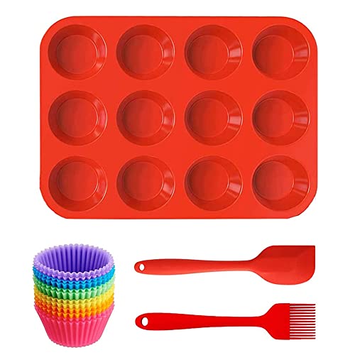 SPEACOUR Silikon Muffin Backform Antihaft-Silikon Backformen Set Rot Silikon-Muffinform Muffin Backblech mit 12 Muffinblech, 1 Pfannenwender, 1 Ölpinsel für Kuchen, Cupcakes, Kekse, Eiermuffins von SPEACOUR