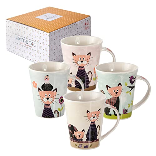 SPOTTED DOG GIFT COMPANY Kaffeebecher mit Katzen-Motiv, Tassen Set aus Keramik, Niedliche Kaffeetassen, Katze Küchenzubehör, Geschenke für Katzenliebhaber Katzenmama, 4 x 360ml von SPOTTED DOG GIFT COMPANY