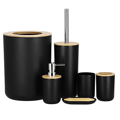 SPRINGOS 6 TLG. Bad-Zubehör-Set Bambus-Elemente Seifenspender Papierkorb Seifenschale Toilettenbürste mit Behälter von SPRINGOS