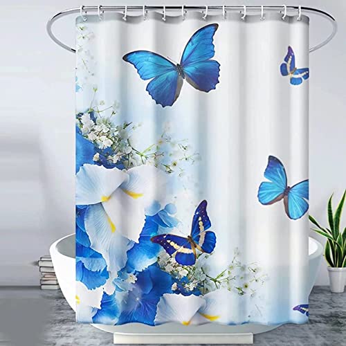 Duschvorhang 180x180 Blauer Schmetterling, 3D Drucken Blumen Shower Curtains Textil Anti Schimmel Wasserdicht Duschvorhänge Badewanne Stoff Polyester Waschbar Lang Vorhang mit 12 Haken von SSCDDC