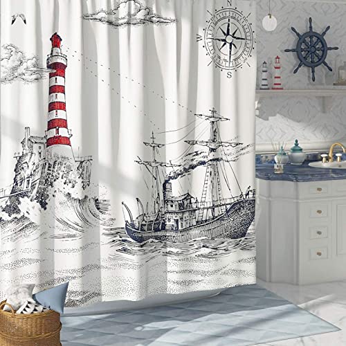 Duschvorhang 180x200 Nautisches Segelboot, 3D Drucken Leuchtturm Shower Curtains Textil Anti Schimmel Wasserdicht Duschvorhänge Badewanne Stoff Polyester Waschbar Lang Vorhang mit 12 Haken von SSCDDC