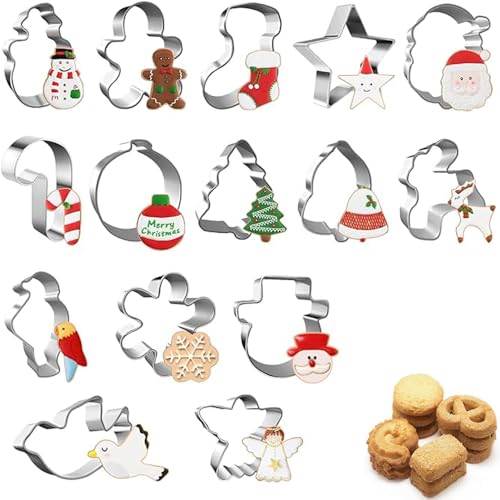 SSyang Mini Ausstechformen Weihnachten, 15 Stück Edelstahl Keksausstecher Weihnachtsbaum Lebkuchenmann Plätzchen Ausstecher Set, Weihnachten Edelstahl Ausstechformen von Plätzchen, Fondant(Silber) von SSyang