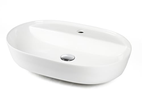 Keramik Aufsatz Waschbecken Oval 600 x 420 x 135 mm Anschlussset weiß mit Ablage von Stabilo-Sanitaer