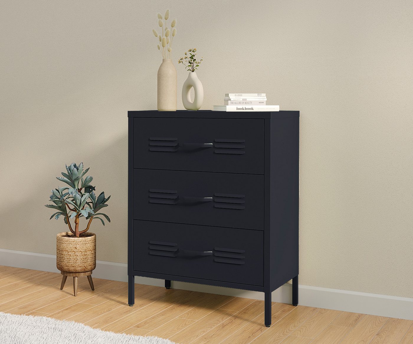 STEELSØN Kommode Mizar (Sideboard schwarz, 80x60x38 cm), 3 Schubladen, höhenverstellbare Füße von STEELSØN