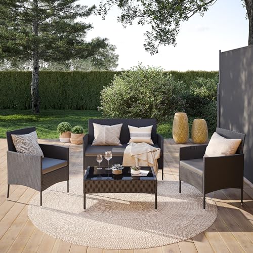 STEELSØN Polyrattan Gartenmöbel Set 4 TLG Thalora, Balkonmöbel Set Ink. 2er Sofa, 2 Stühle, Tisch & Sitzkissen, Terrassenmöbel Lounge, wetterfest schwarz von STEELSØN