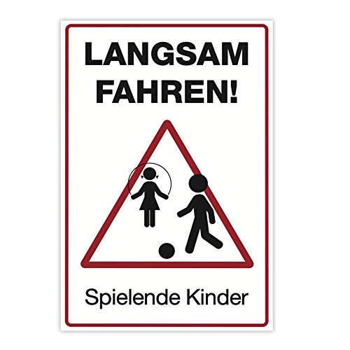 (Weiß, 3 St. Aufkleber 300x200 mm) / Text: Langsam Fahren ! Spielende Kinder (mit Piktogramm) / Hinweisschild, Warnzeichen, Warnschild, Spielstraße / Spielplatz - Vorsicht spielende Kinder von STEMPEL-FABRIK