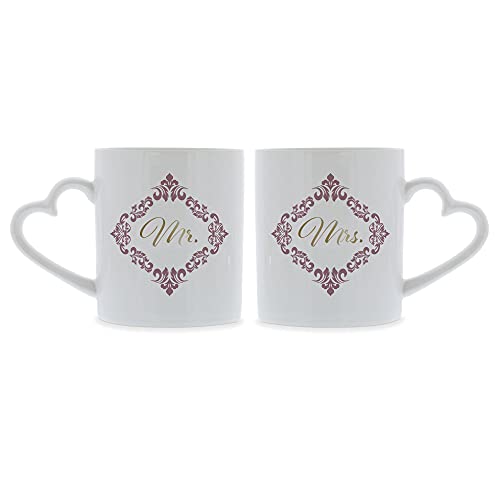 STEMPEL-FABRIK Keramiktassen mit Herzhenkel - Mr. & Mrs. - Ornament Design - Hochzeitsgeschenk - Geschenkidee zur Hochzeit - Kaffeetasse - Kaffeebecher - Bedruckte Tassen - Set - Hochzeitstag - Cups von STEMPEL-FABRIK