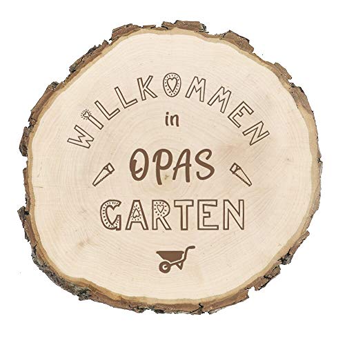 Baumscheibe mit Rinde und Gravur - Willkommen in Opas Garten - (Ø ca. 25-26 cm) Tolle Geschenkidee für die Großeltern zum Geburtstag (Opa) - STEMPEL-FABRIK von STEMPEL-FABRIK