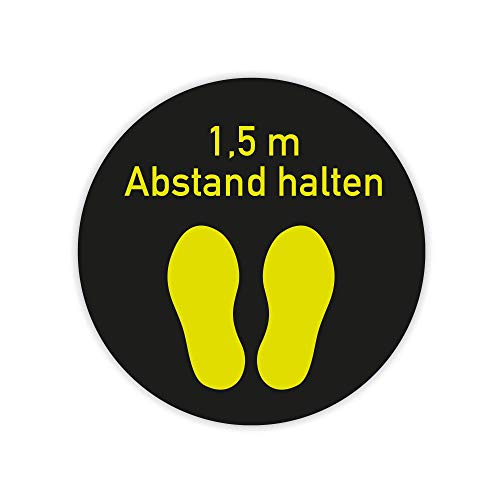 stempel-fabrik – Bodenaufkleber "1,5m Abstand halten" – Abstandsaufkleber für den Fußboden mit Rutschhemmung R10 (nach DIN 51130) – selbstklebendes Hinweisschild (300 x 300 mm | Schwarz/Gelb) von STEMPEL-FABRIK