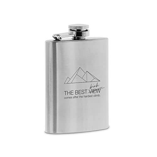 stempel-fabrik – gravierter mini Flachmann aus Edelstahl – the best view - Taschenflasche zum Wandern, Klettern, Camping, Ausflüge und Co – Geschenkidee mit Bergmotiv (7 x 10,5 x 2 cm) von STEMPEL-FABRIK