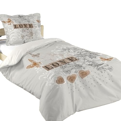 STOF - Bettwäsche, Bettbezug und 1 Kissenbezug, Größe 140 x 200 cm, 100% Baumwolle, Modell Clémence, Grau, Beige, Kinder, Love von STOF