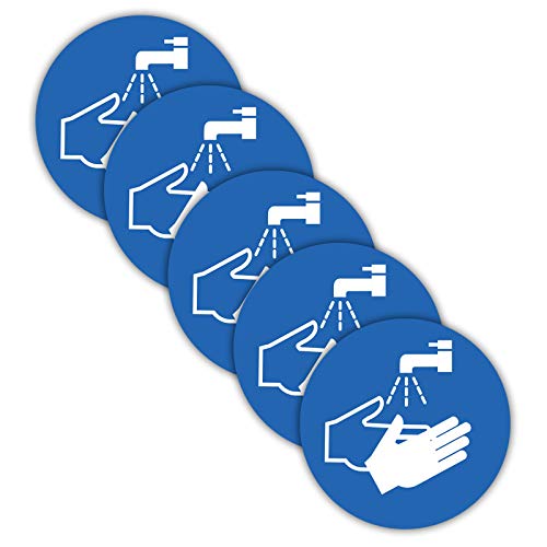 5 Stück Hände desinfizieren/waschen Aufkleber Ø 9,5cm Sticker Gebotszeichen mit UV Schutz für Außen-und Innenbereich von STROBO von STROBO